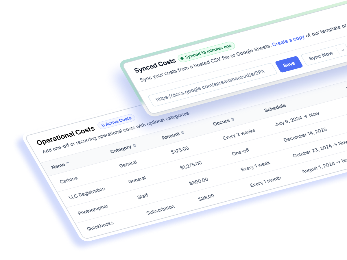FoodBevBiz Operational Costs dashboard listing recurring and one-off business expenses synced from a Google Sheet
